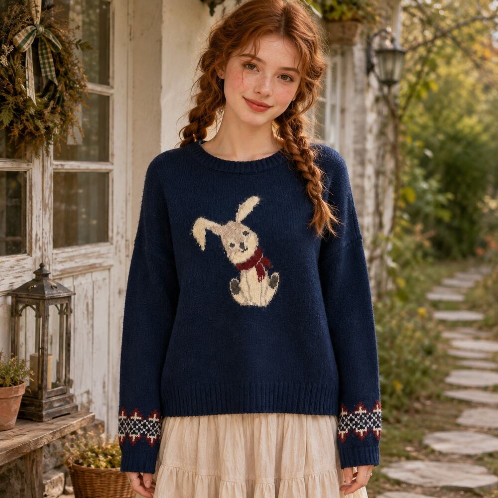 The Workshop Cozy Rabbit Cottagecore Navy Knit Sweater Women's Medium